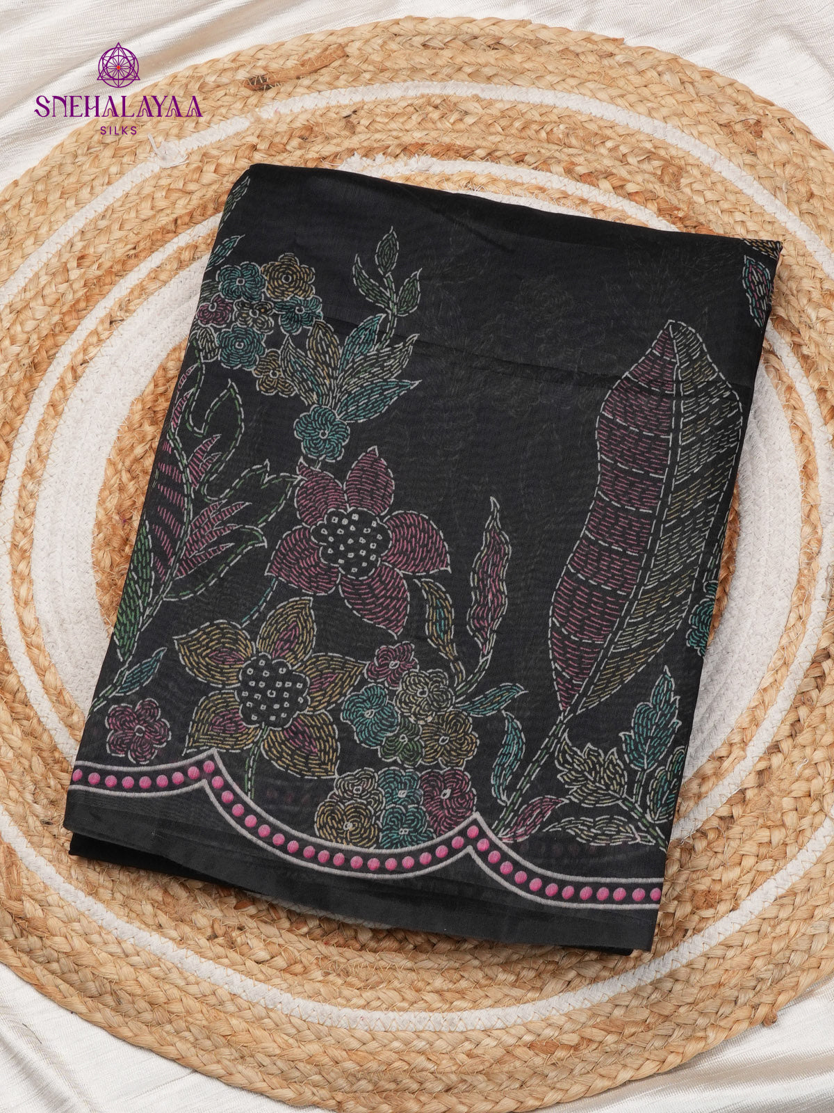 Black Printed Linen Saree