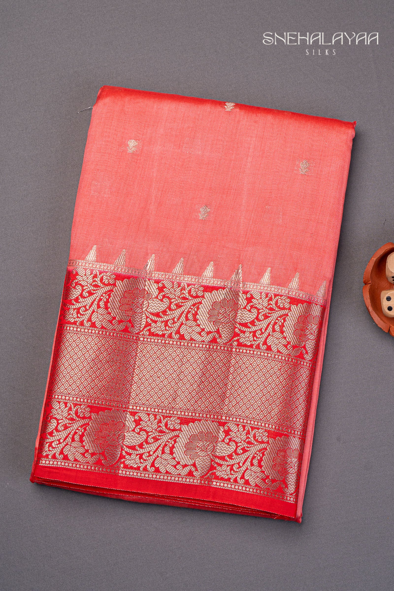 Coral Pink Banaras Dupion Silk Saree