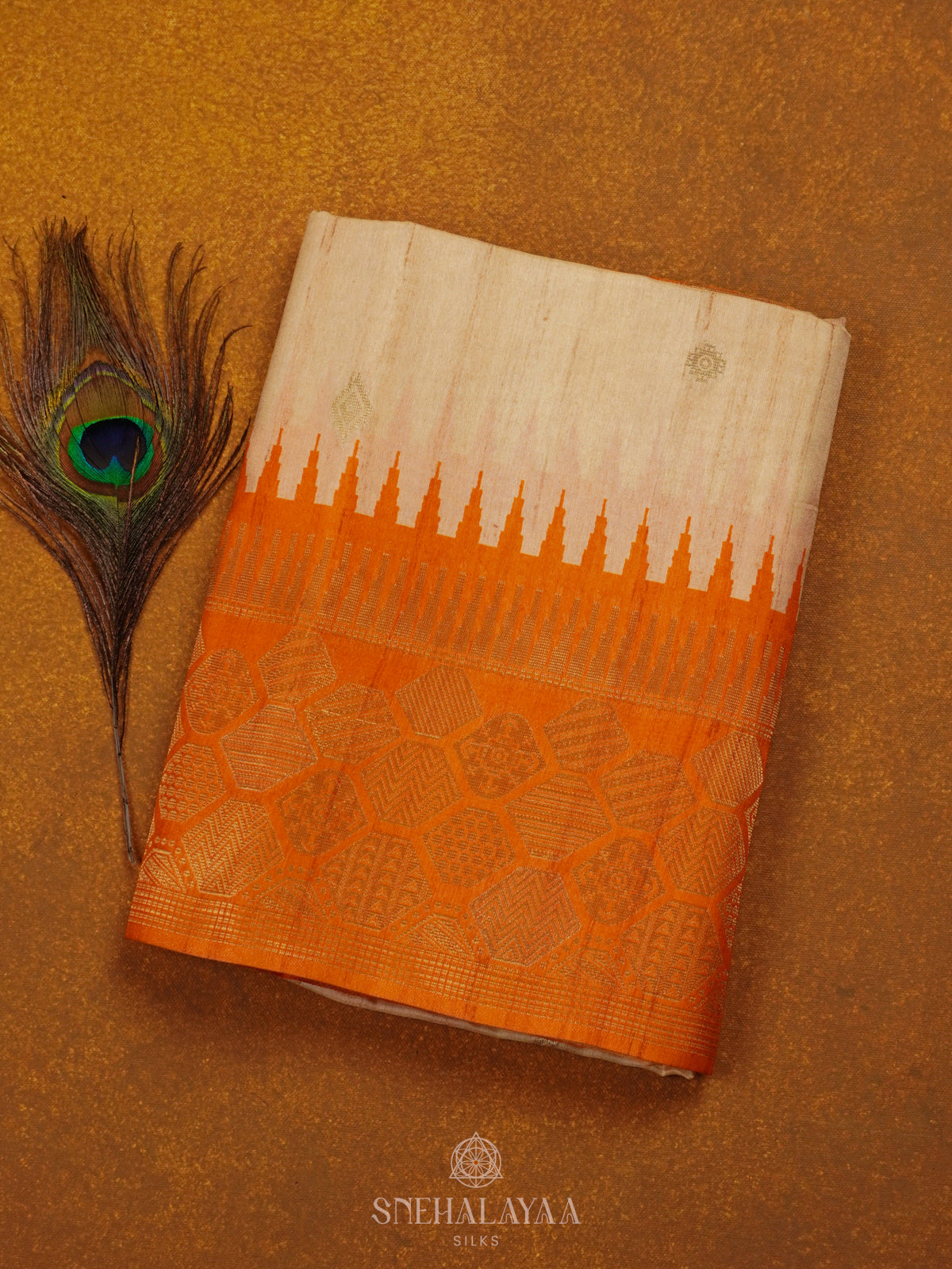 Cream With Orange Border Tussar Saree