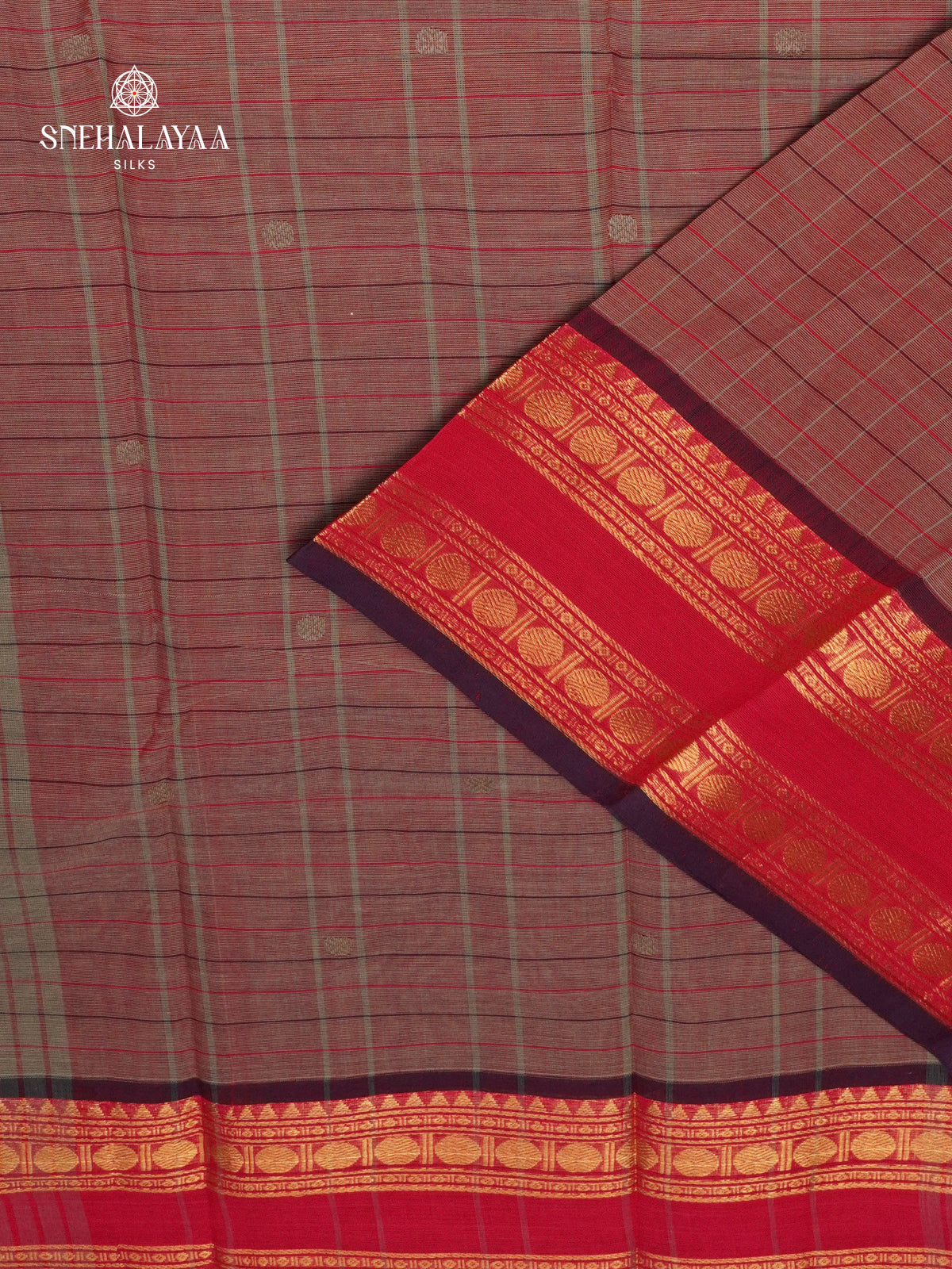 Checked Brown-Maroon Kanchi Cotton Saree with Irandu Karai Zari Borders