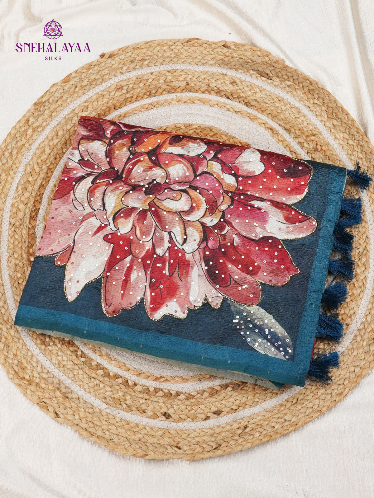 Teal Blue Crush Embroidery Saree