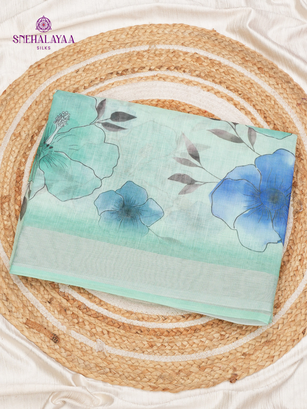 Pastel Blue Printed Linen Saree