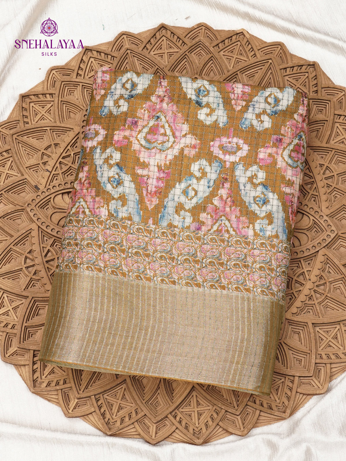 Beige Floral Printed Tussar Saree