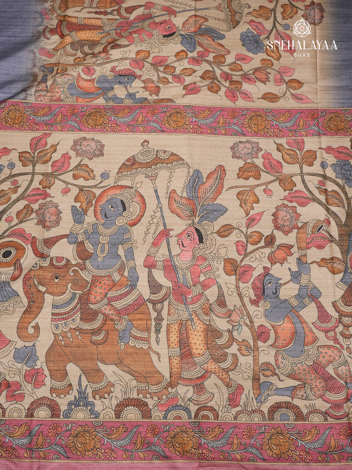 Beige With Grey Border Kalamkari Tussar Saree