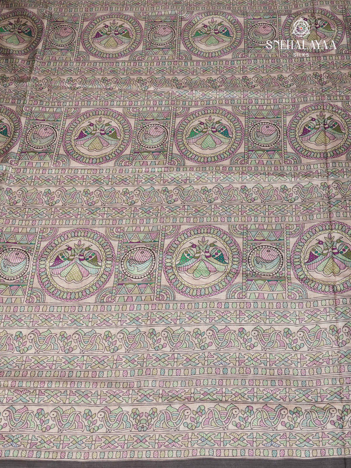 Beige With Black Border Madhubani Saree