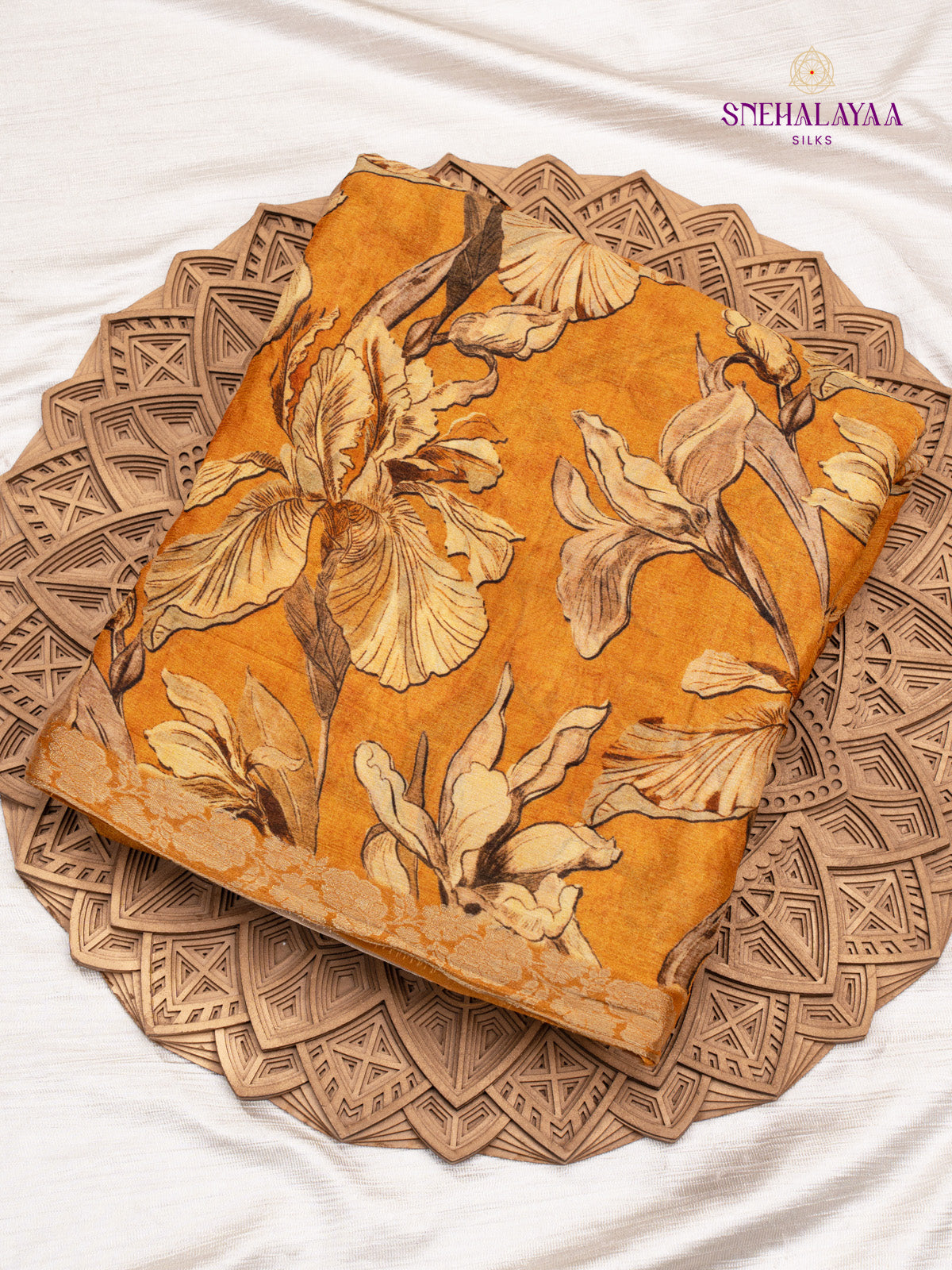 Mustard Yellow Printed Chiffon Saree