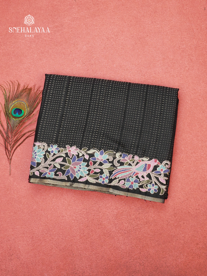 Black Munga Tussar Embroidery Saree