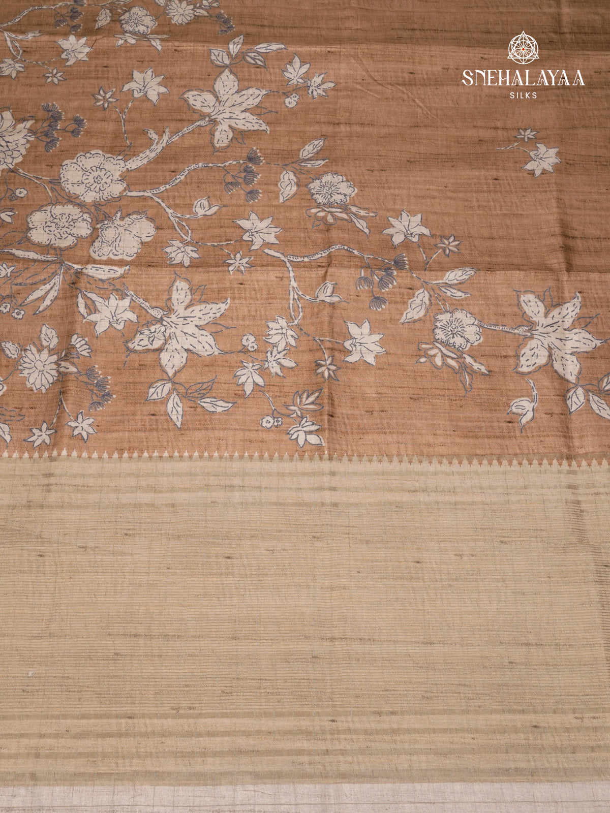 Brown Floral Printed Tussar Saree