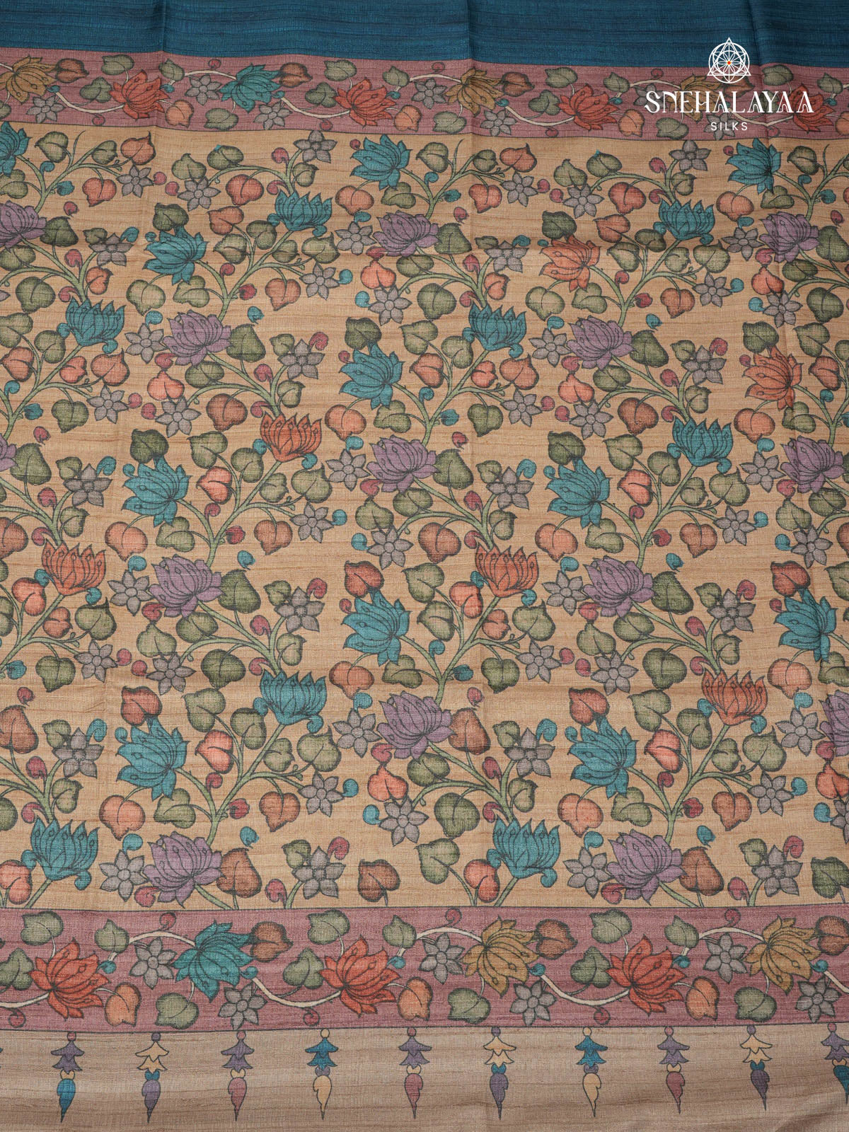 Peacock Blue Floral Printed Tussar Saree