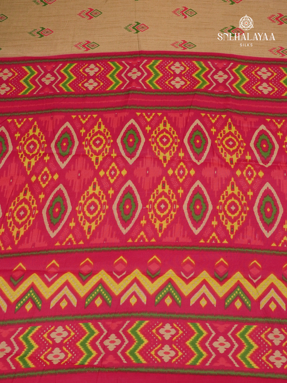 Beige With Rani Pink Border Munga Tussar Saree