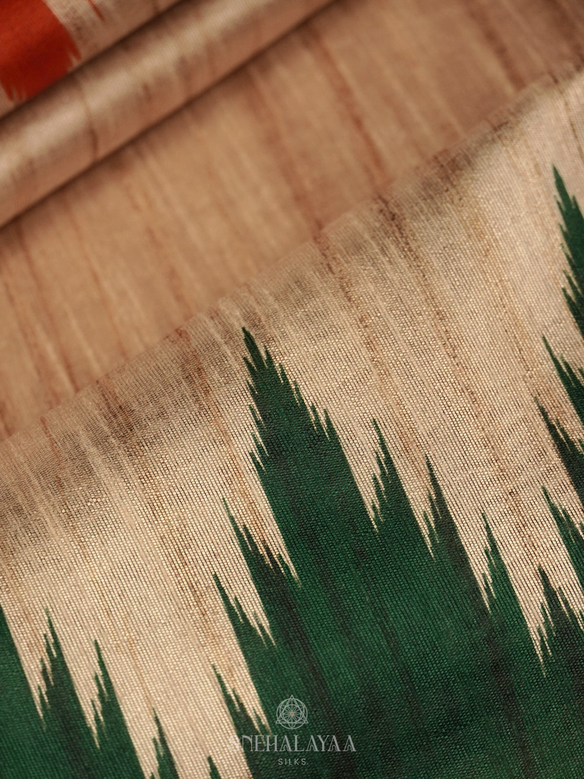 Beige With Green Border Tussar Saree