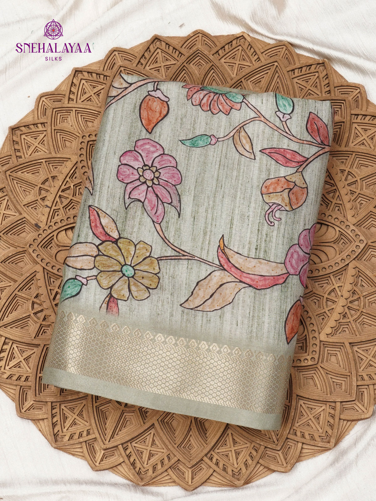 Grey Floral Printed Tussar Saree