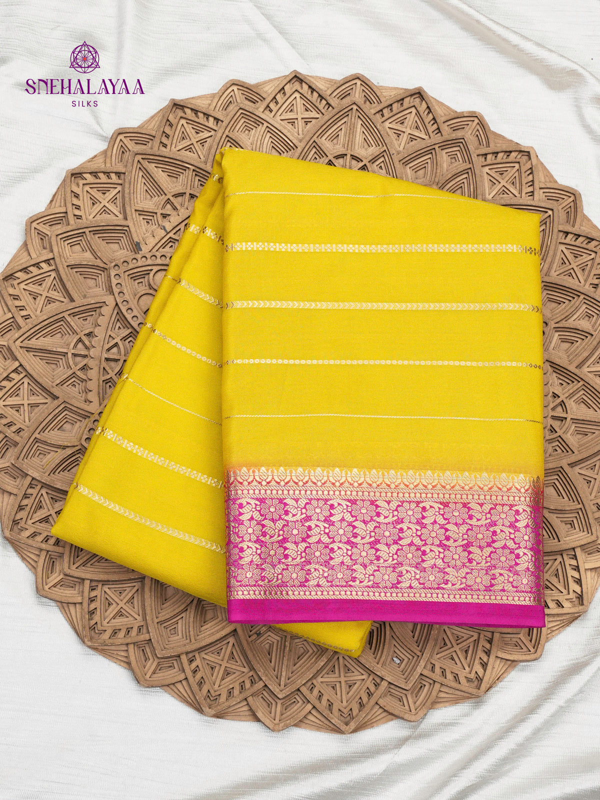 Yellow Printed Mysore Silk Saree