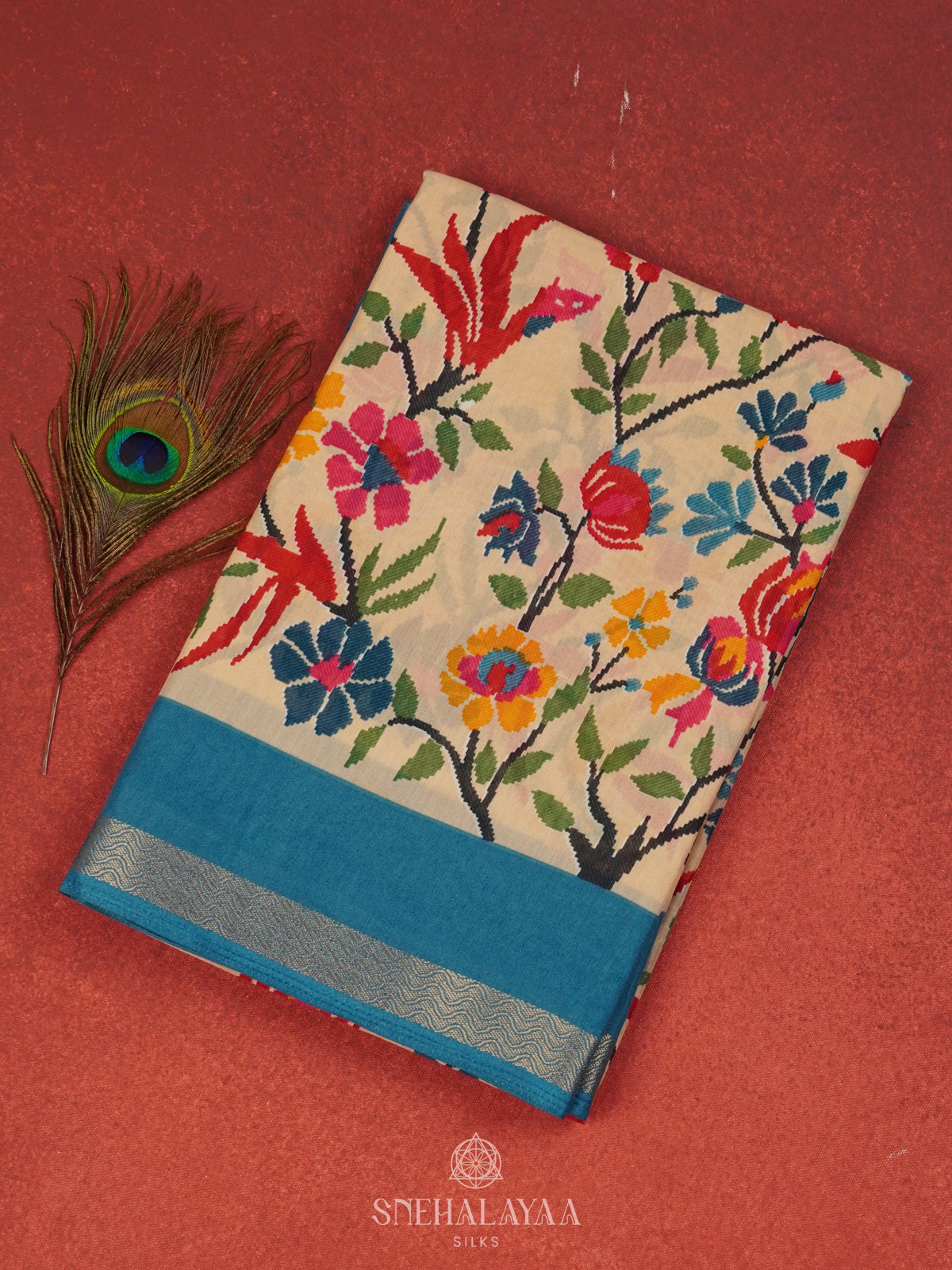 Beige Dola Silk Saree with Blue Border