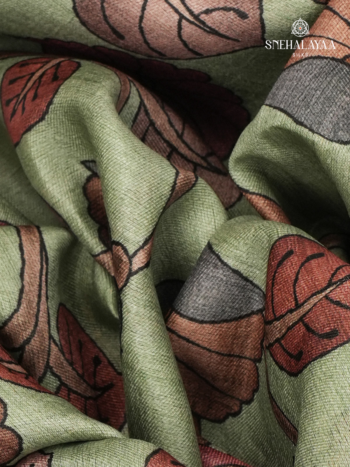 Olive Green Floral Printed Tussar Saree