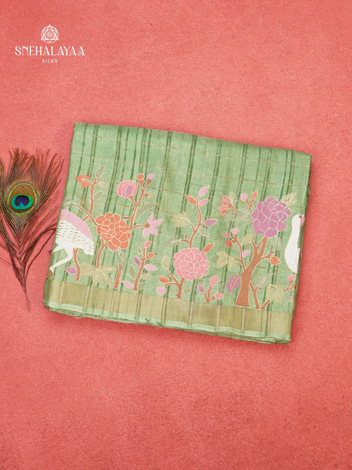 Pastel Green Munga Tussar Embroidery Saree