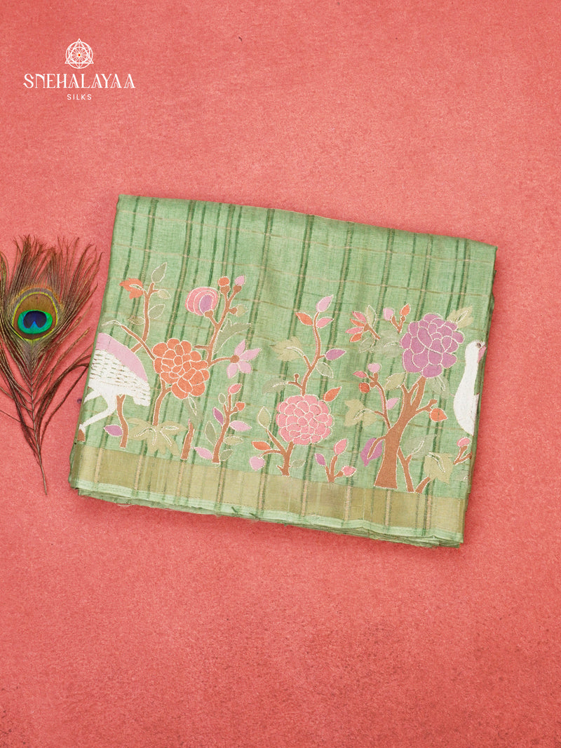 Pastel Green Munga Tussar Embroidery Saree