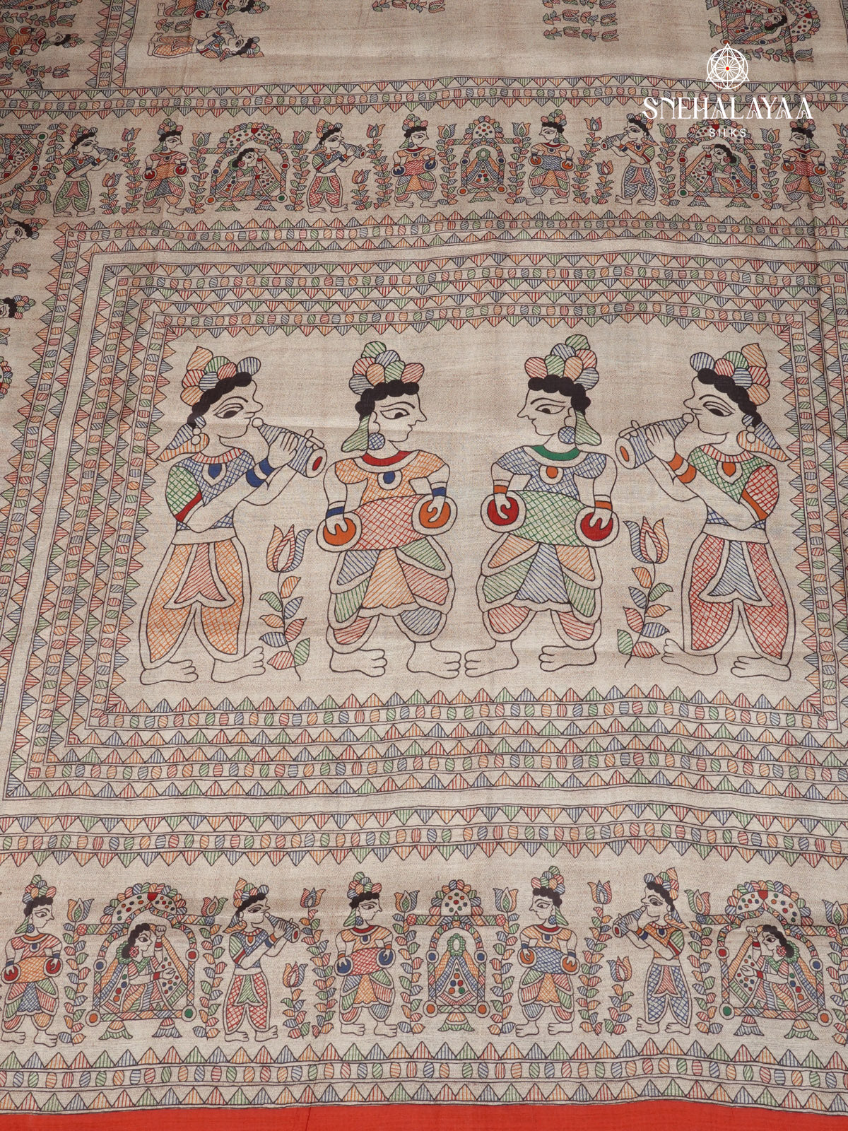 Beige with Red Border Madhubani Saree