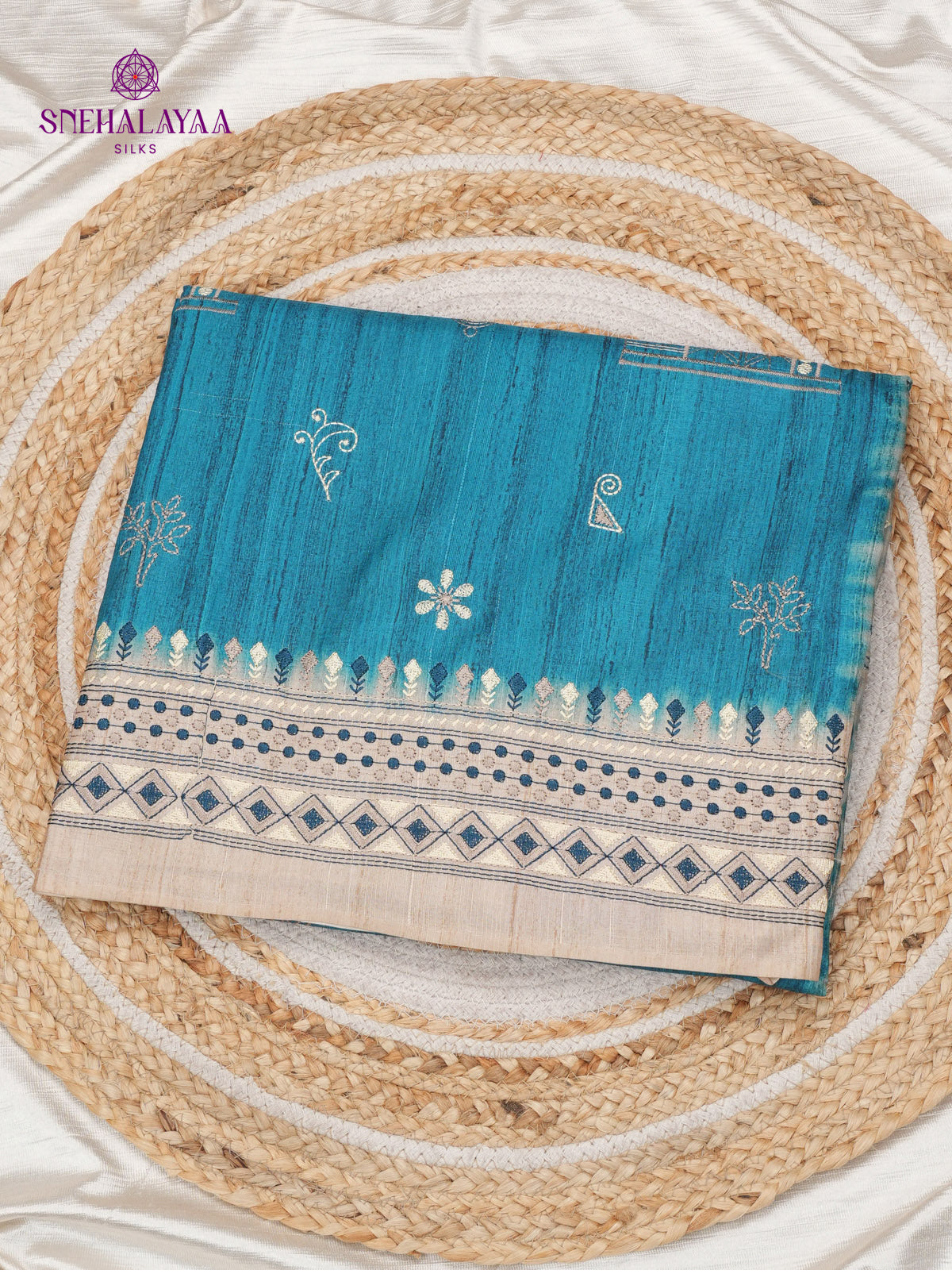 Sky Blue Tussar Embroidery Saree