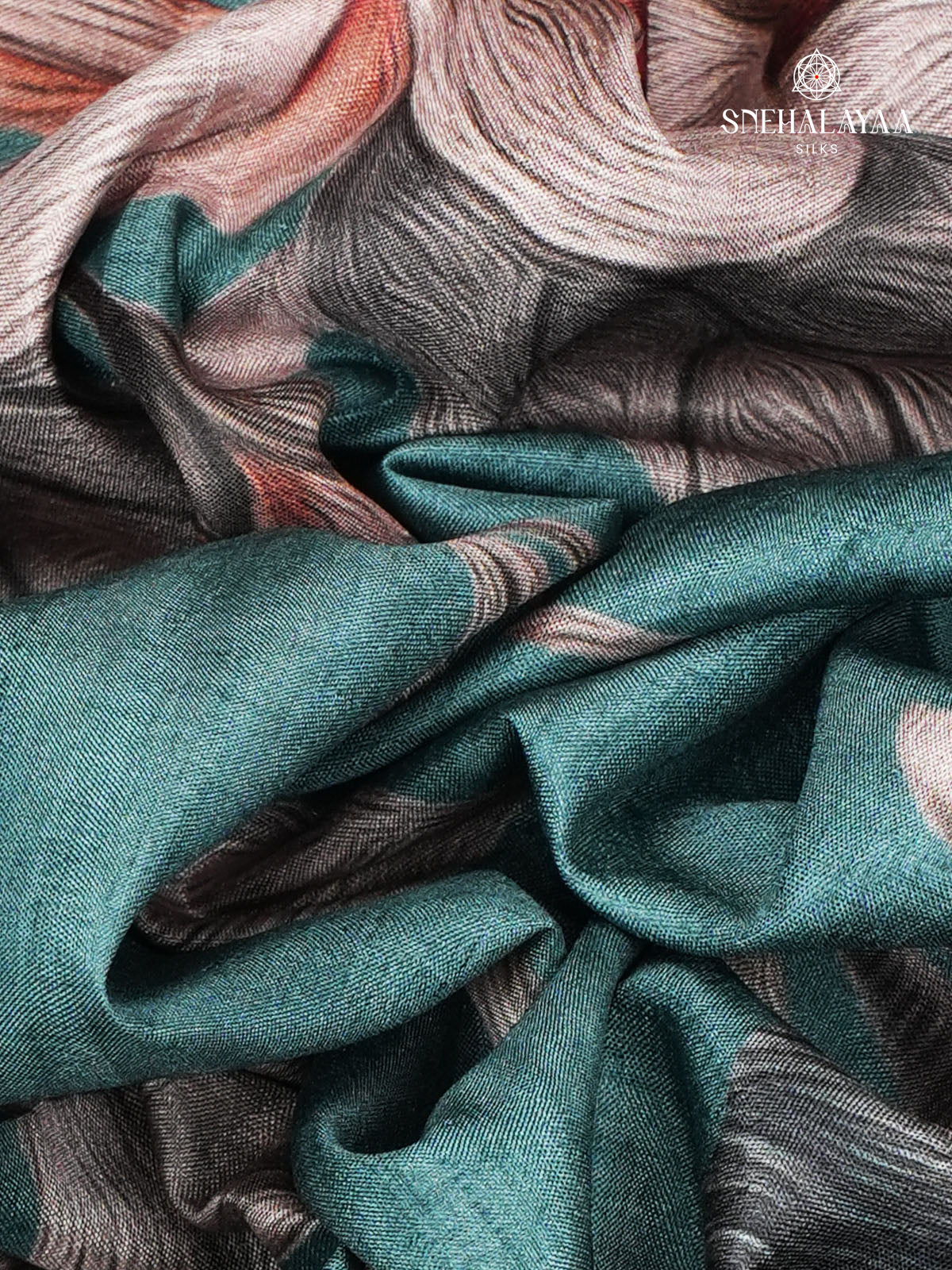 Teal Green Floral Printed Tussar Saree