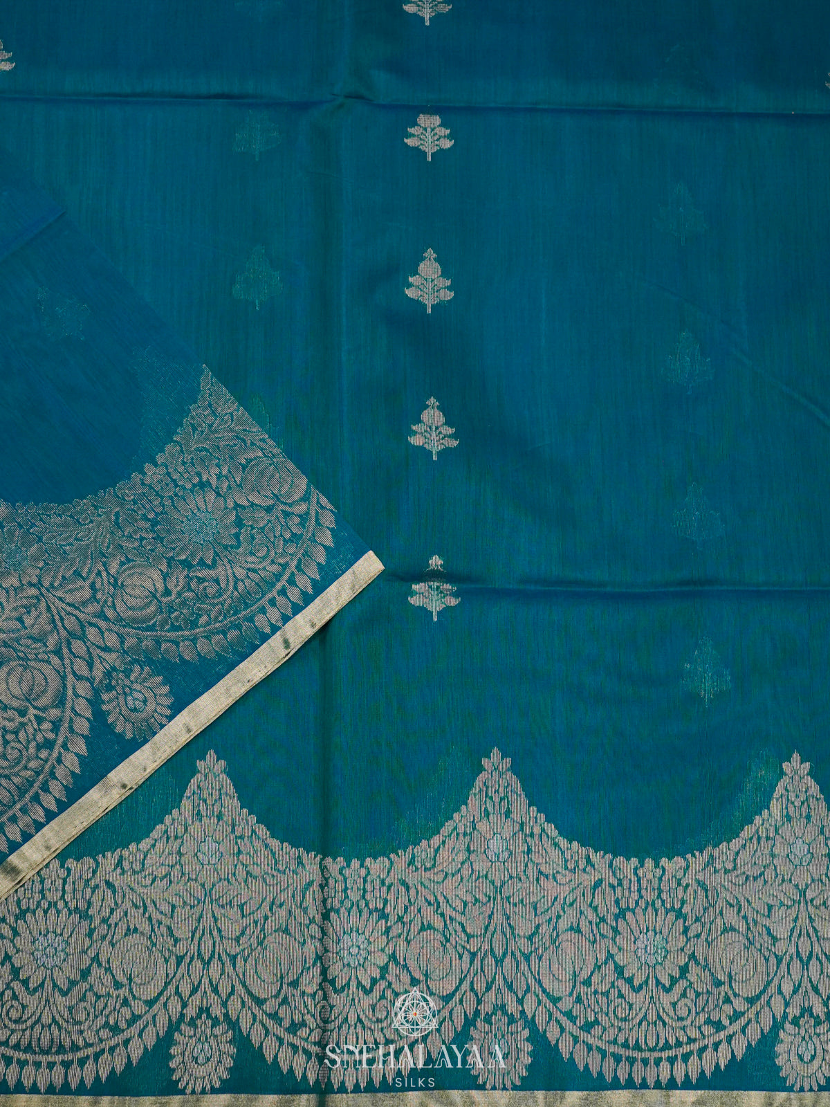 Peacock Blue Kora Silk Cotton Saree