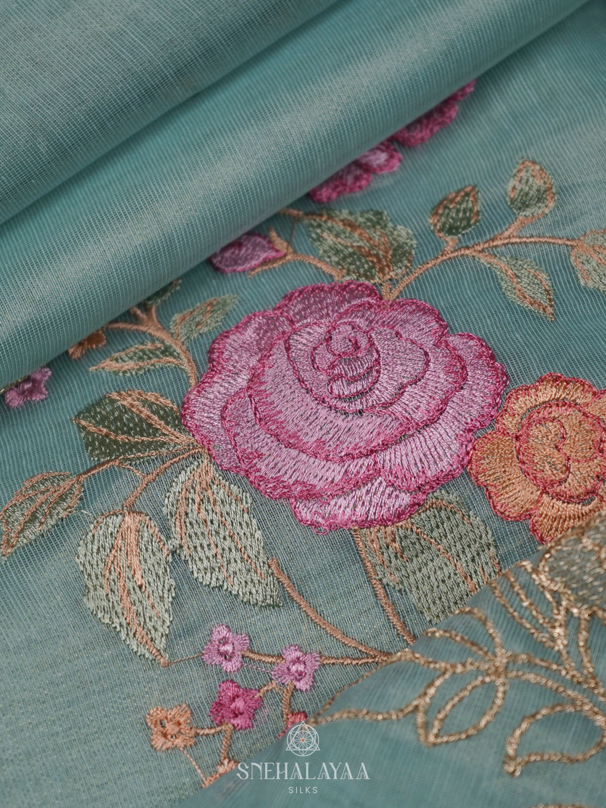 Pale Blue Linen Embroidery Saree
