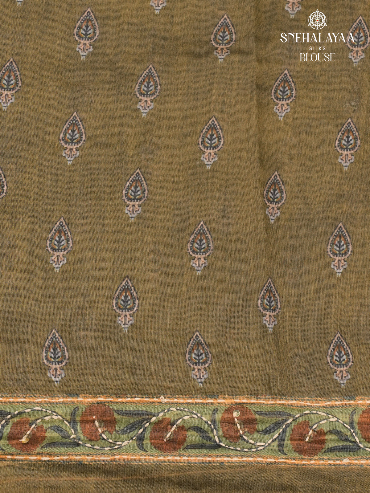 Olive Green Linen Embroidery Saree