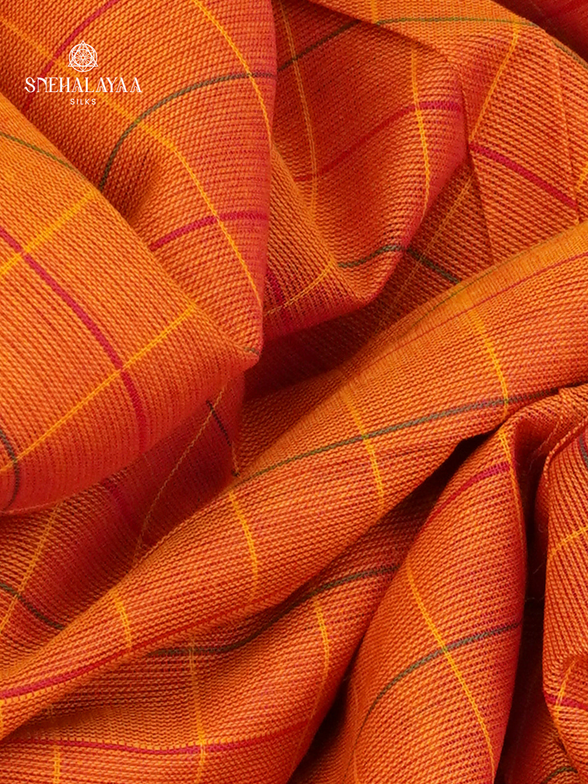 Checked Orange Kanchi Cotton Saree with Irandu Karai Zari Borders