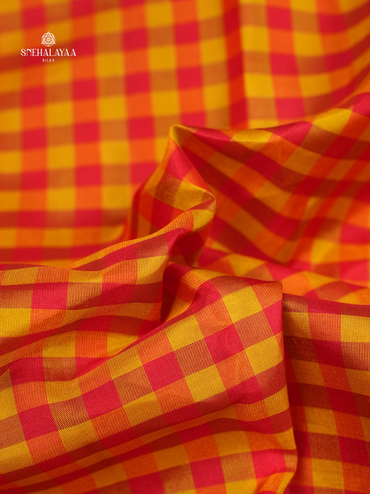 Orange Checks Kanjivaram Silk Saree