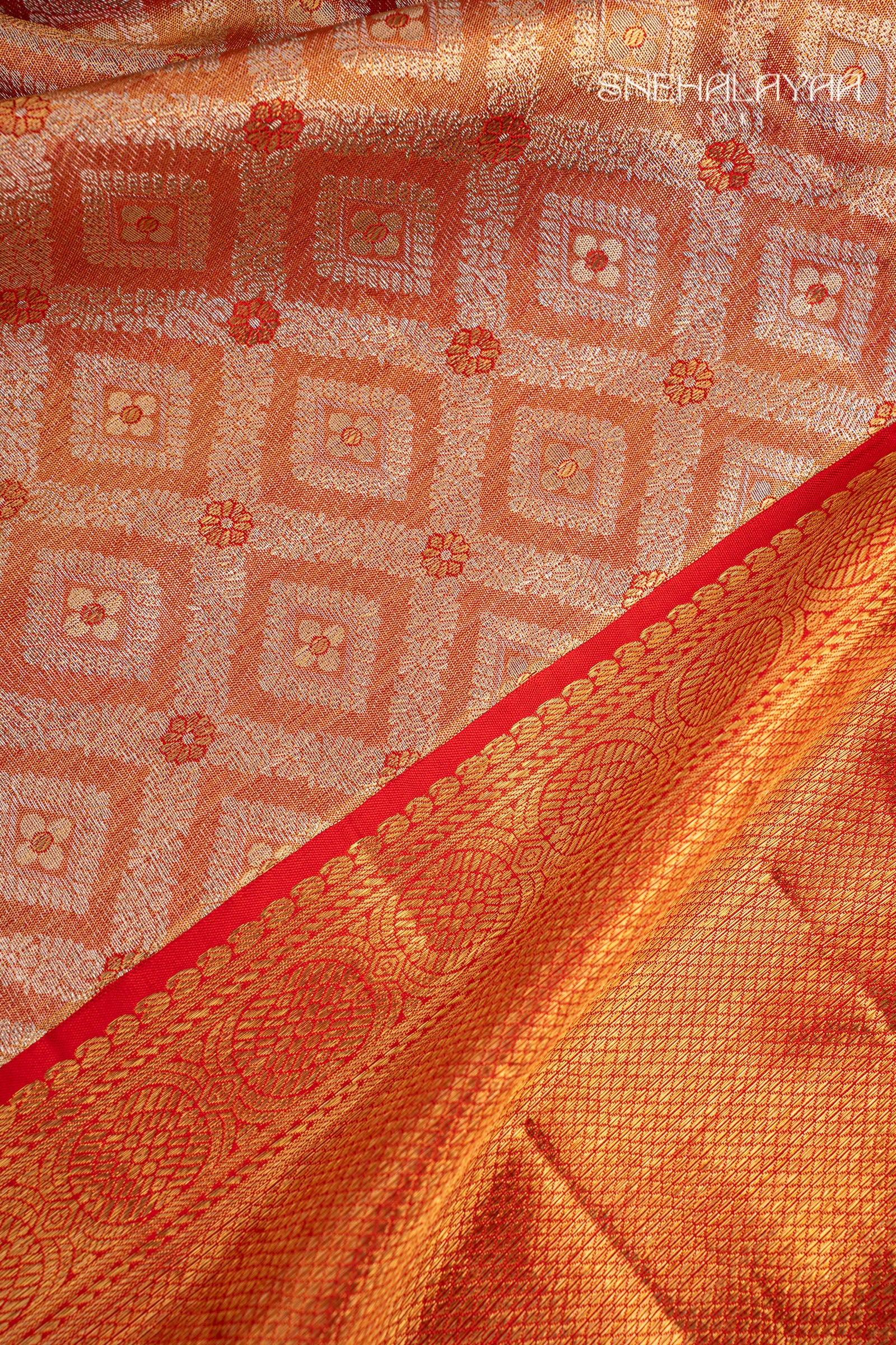 Blush Red Kancheevaram Silk Saree