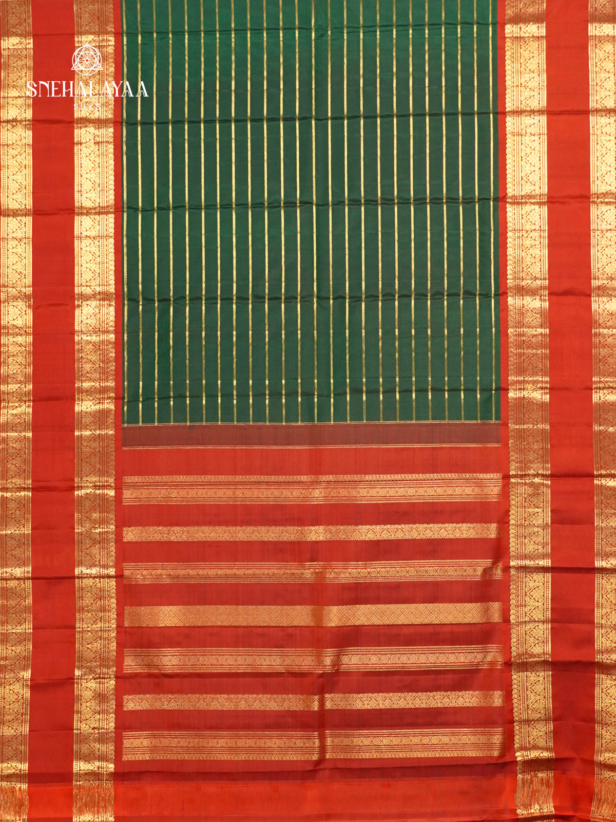 Bottle Green Pure Kanchipuram Silk Saree with Red Zari Border