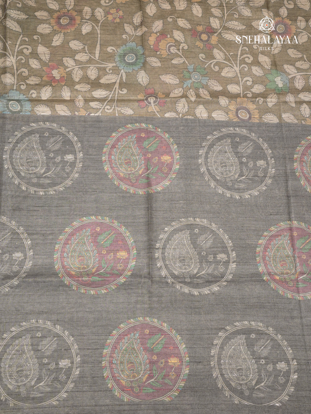 Brown Floral Printed Tussar Saree