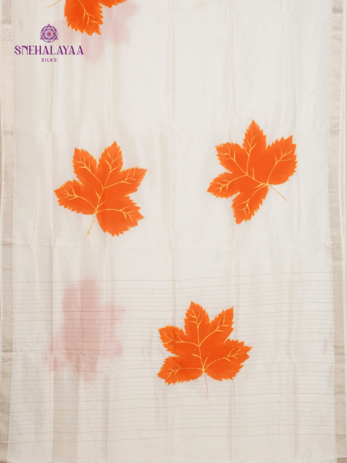Off White Mangalagiri Silk Cotton Saree with Hand Painted Orange Leaf Motifs