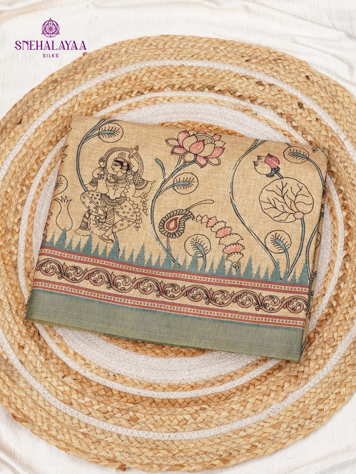 Beige With Teal Blue Border Floral Printed Tussar Saree