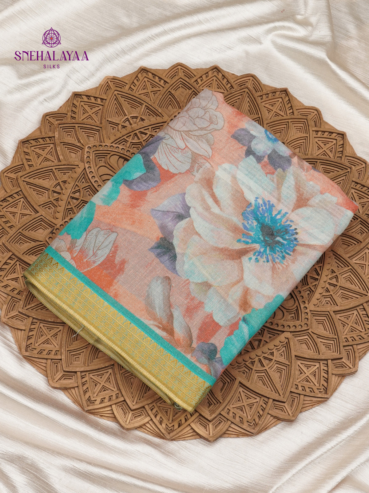 Sky Blue Printed Linen Cotton Saree