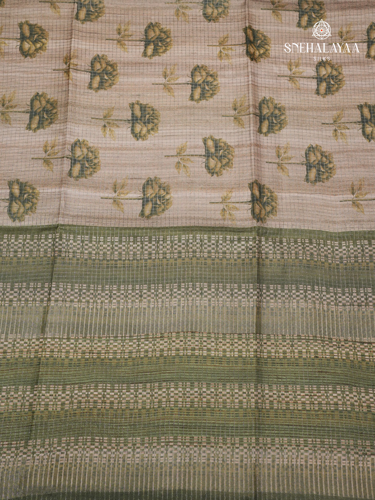 Brown Floral Printed Tussar Saree