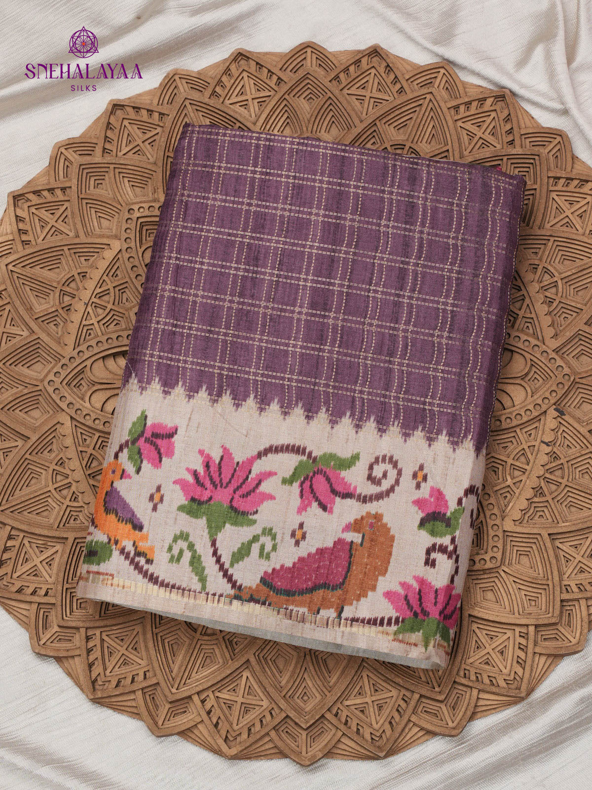 Purple Floral Printed Tussar Saree