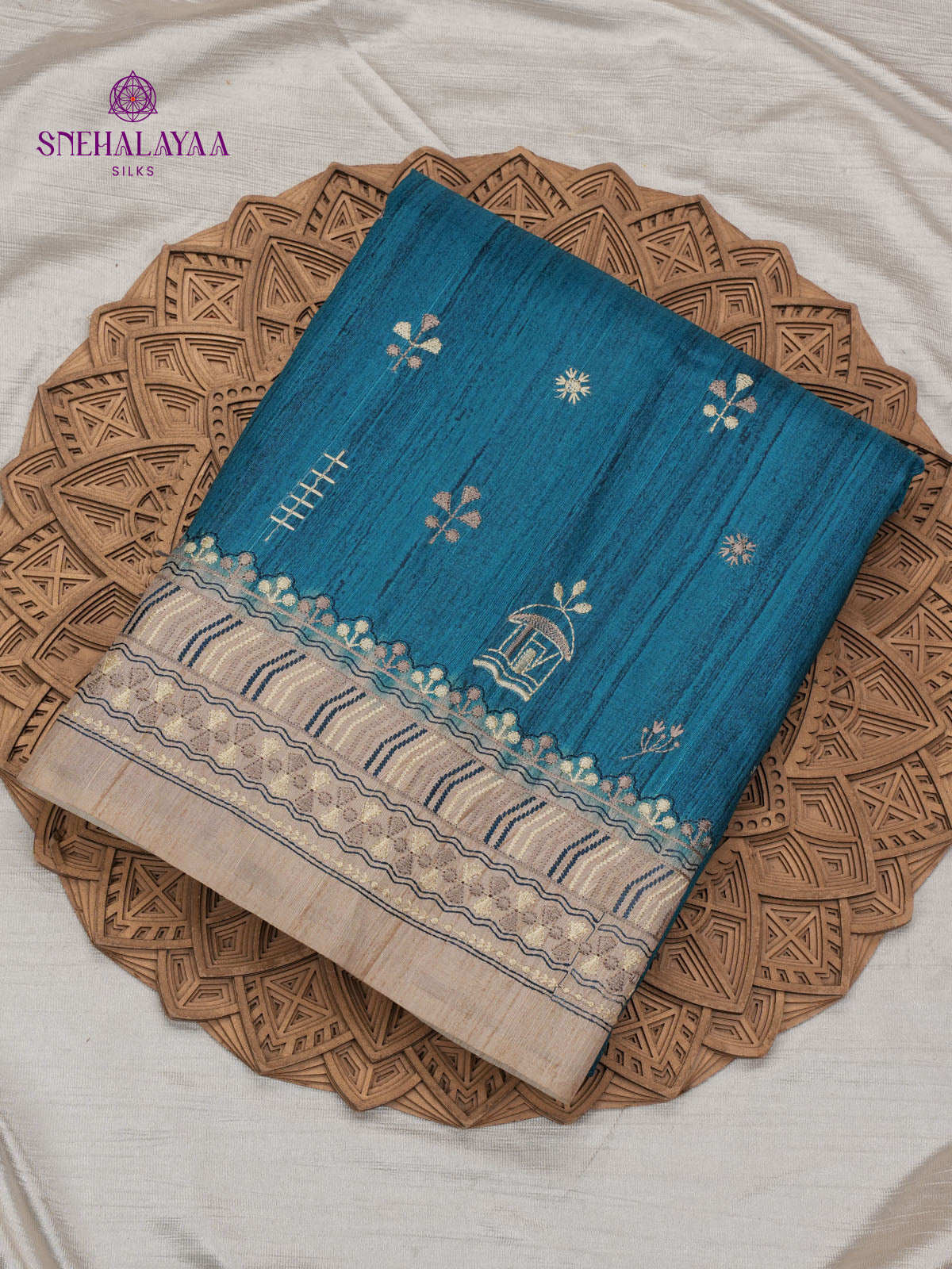 Teal Blue Tussar Embroidery Saree