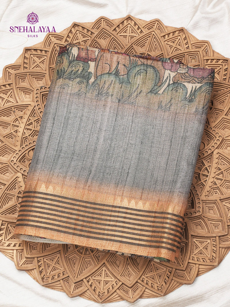 Beige With Grey Border Kalamkari Tussar Saree