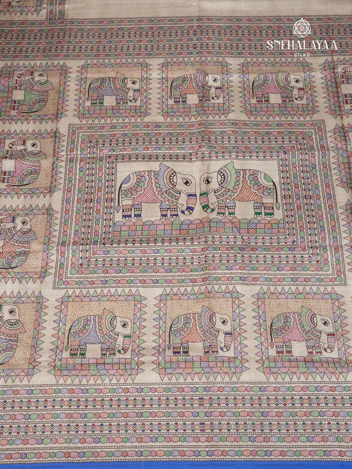 Beige With Navy Blue Border Madhubani Saree