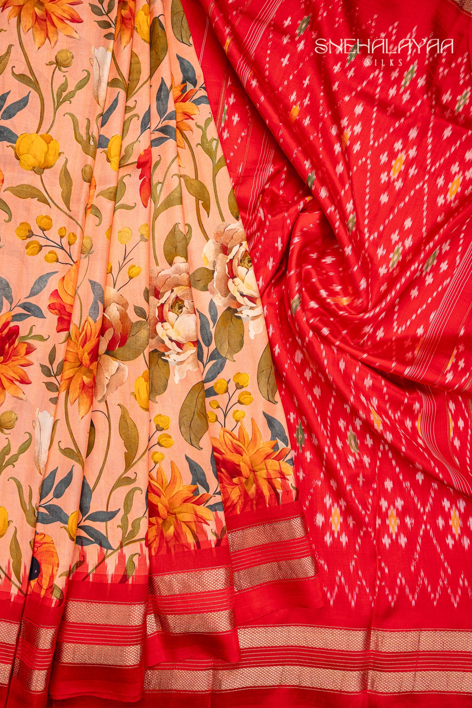 Peach Pink Printed Silk Saree