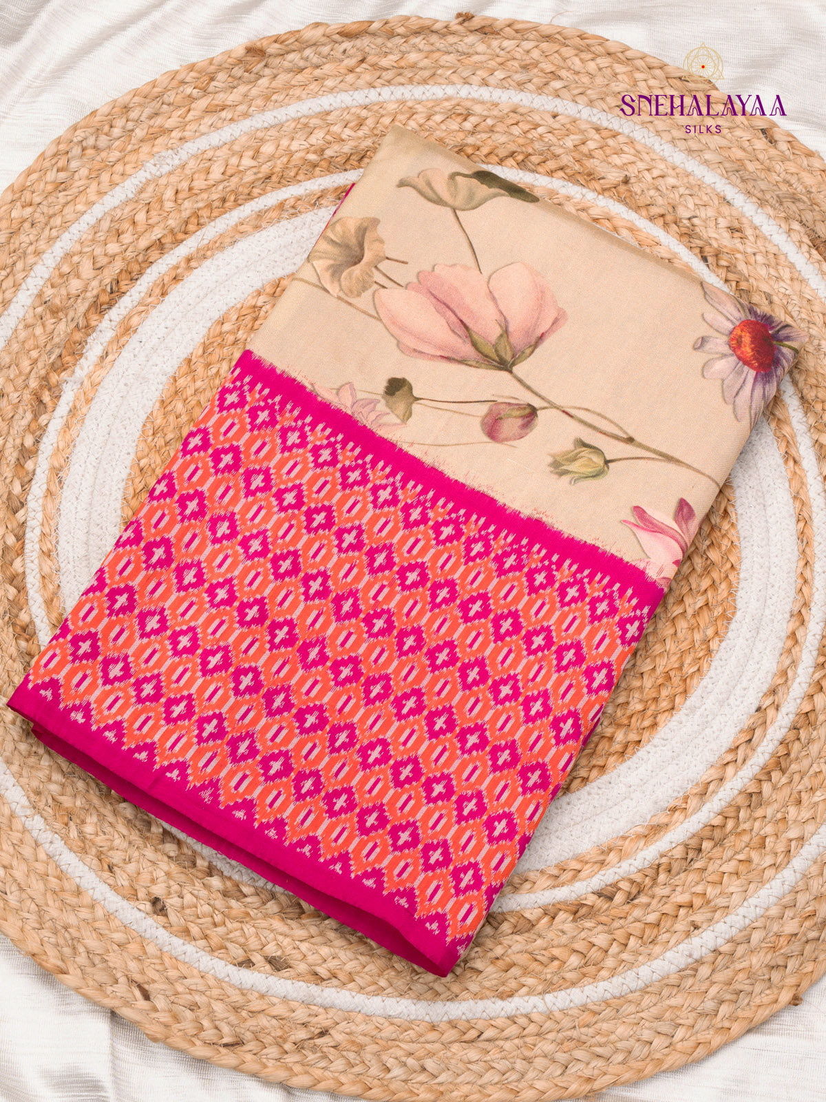 Beige Printed Kanjivaram Silk Saree