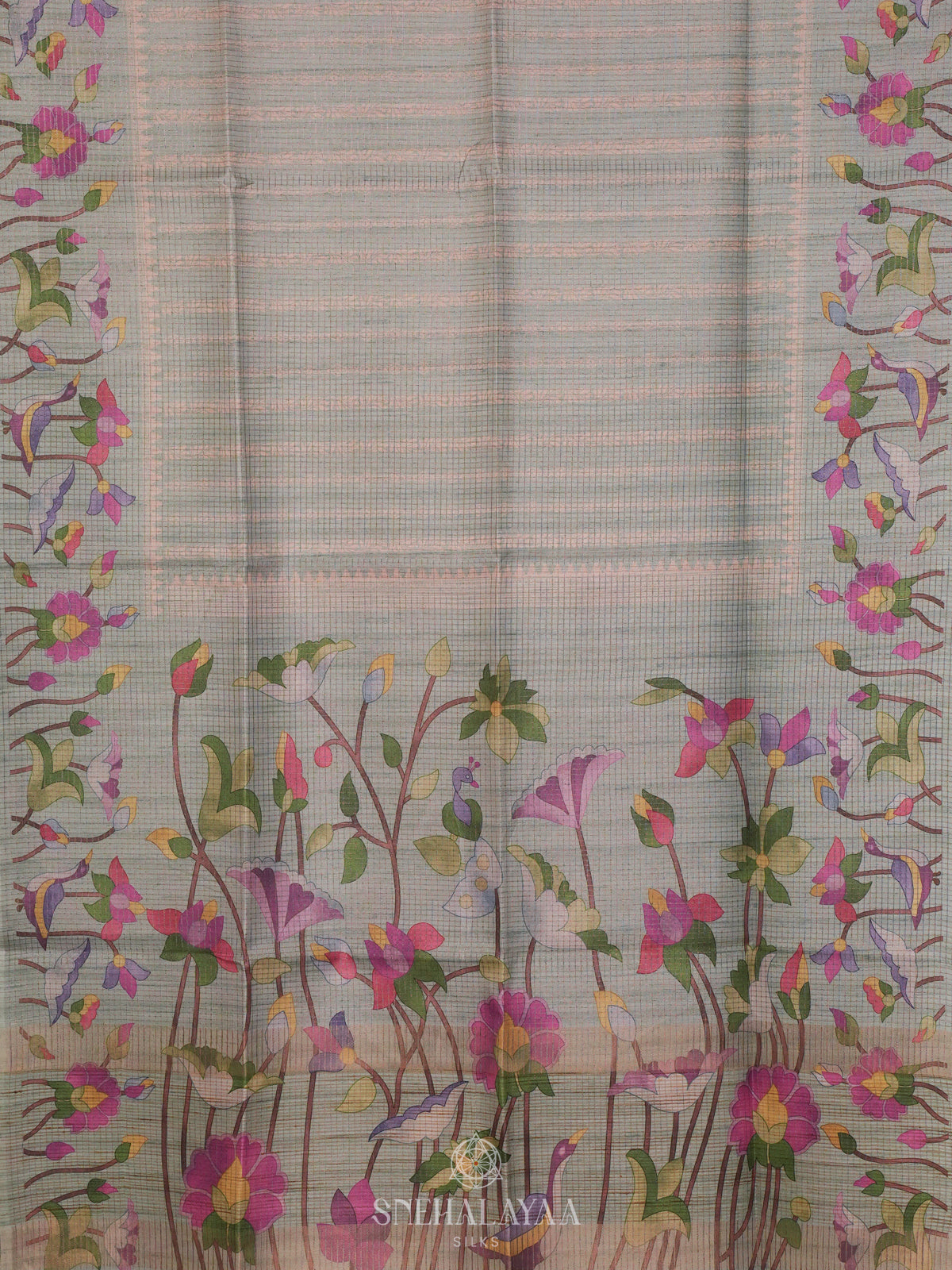 Pale Blue Tussar Saree with Floral Prints
