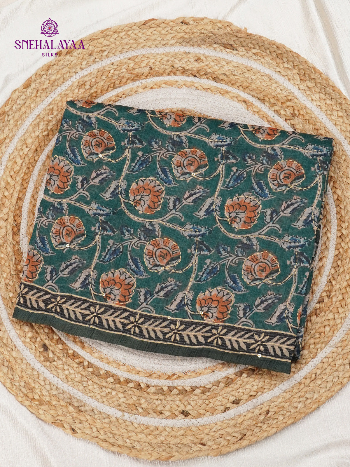 Teal Blue Linen Embroidery Saree