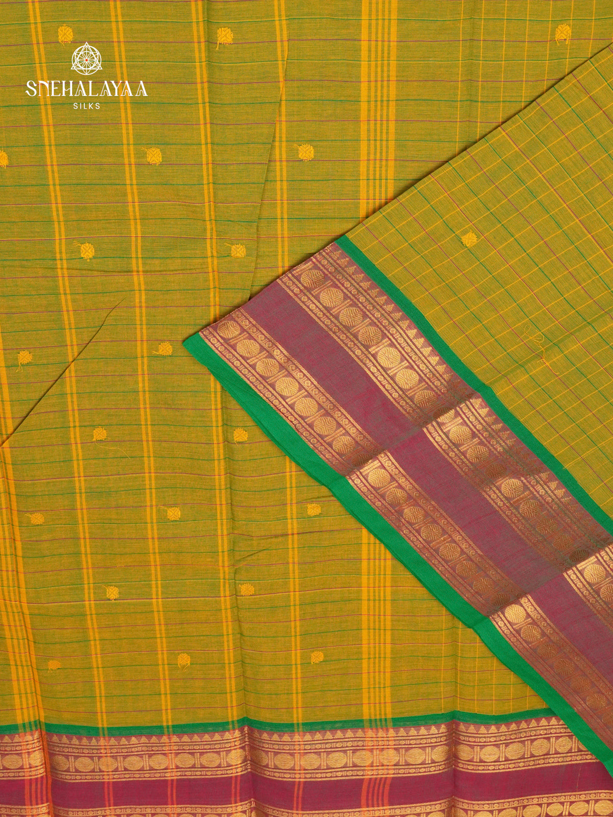 Checked Green Kanchi Cotton Saree with Traditional Zari Border