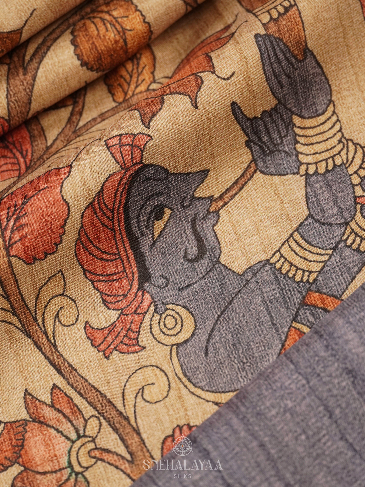 Beige With Kalamkari Tussar Saree