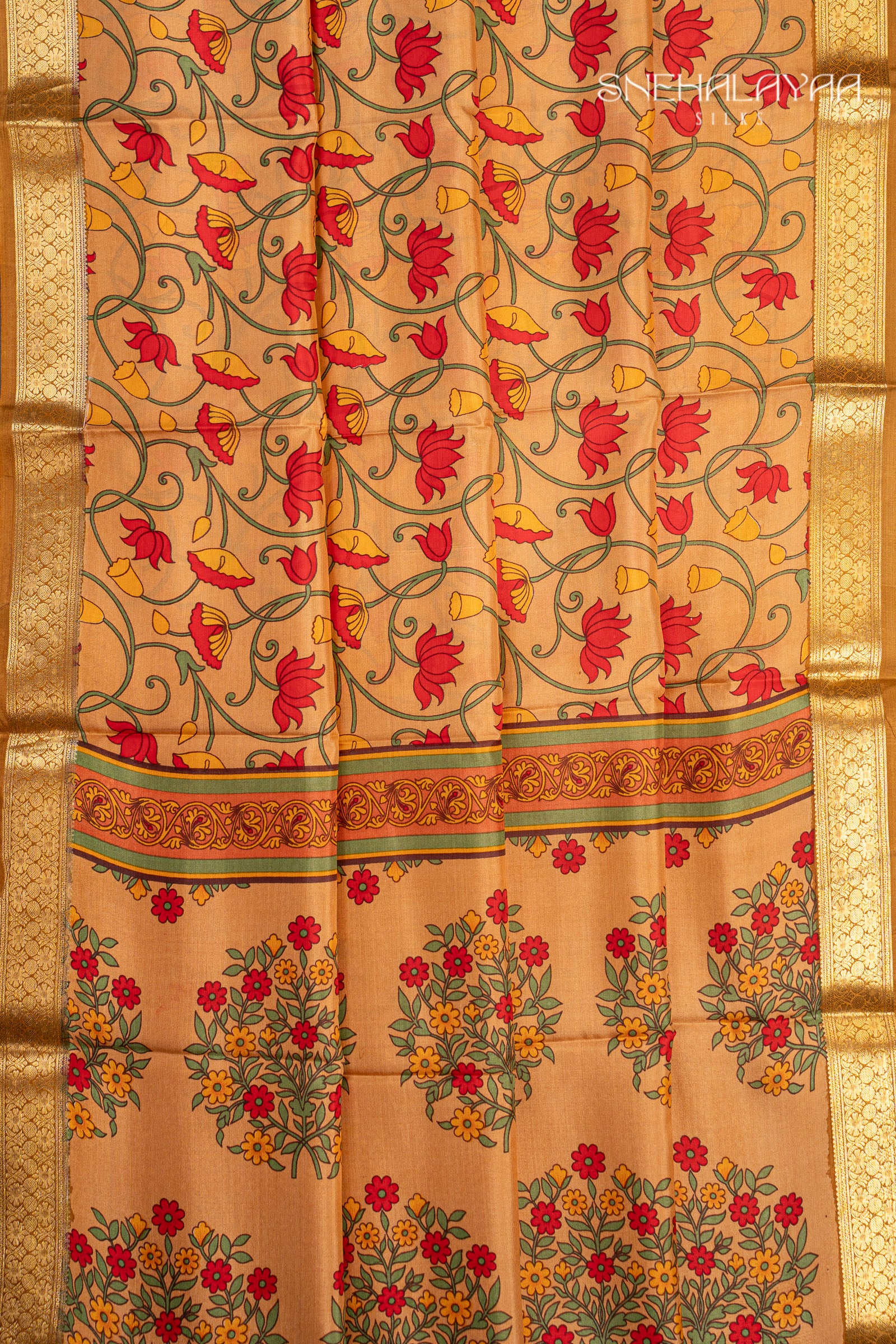 Apricot Orange Printed Mysore Silk Saree