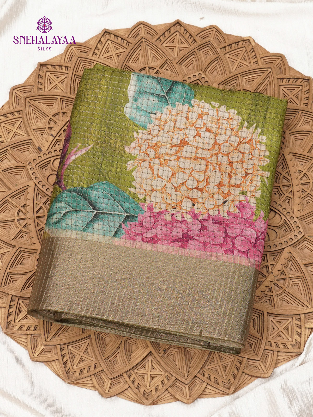 Olive Green Floral Printed Tussar Saree