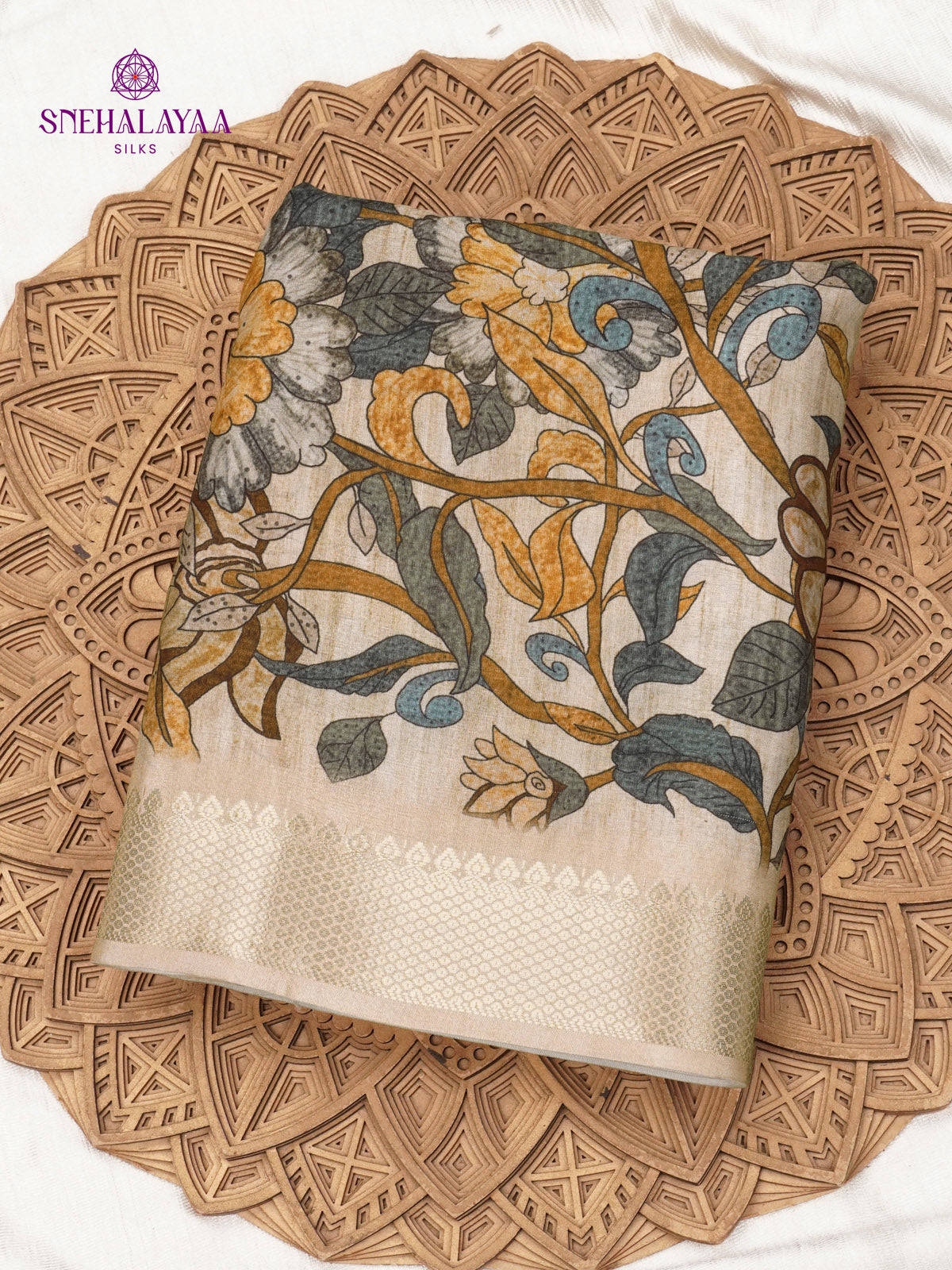 Beige Floral Printed Tussar Saree