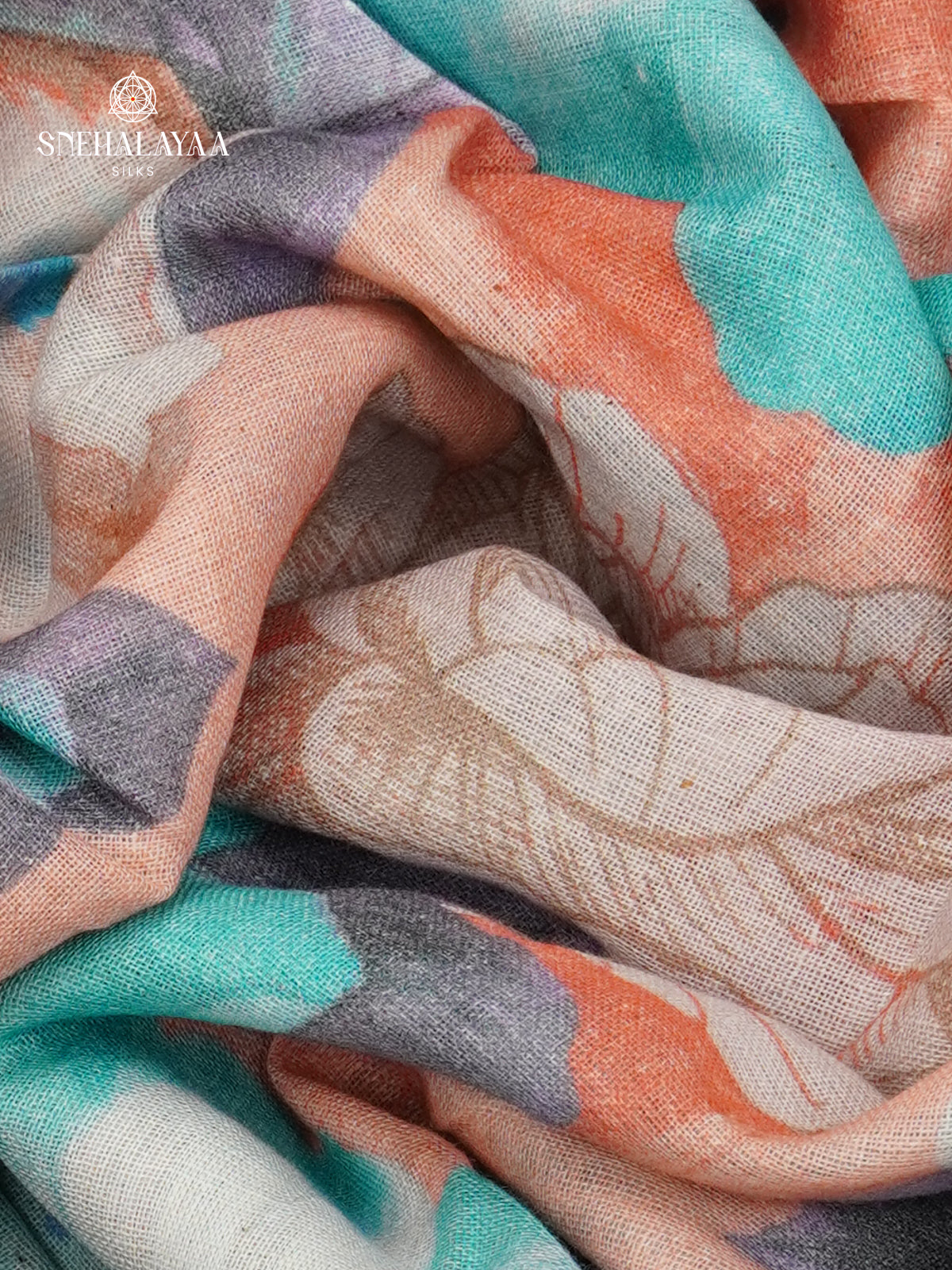 Sky Blue Printed Linen Cotton Saree